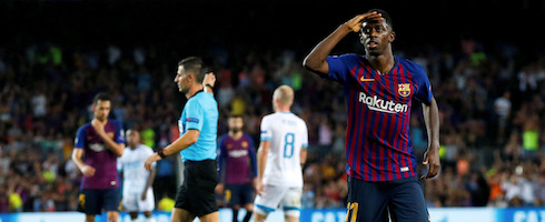 Barcelona's Ousmane Dembele looking up