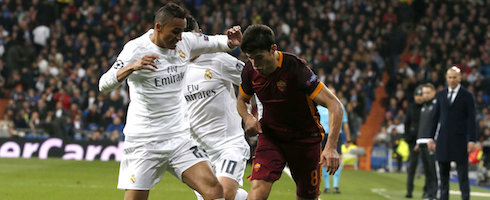 Danilo, then of Real Madrid, vies with Roma's Diego Perotti