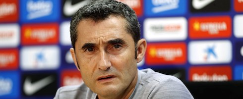 Barcelona Coach Ernesto Valverde speaking at a Press conference