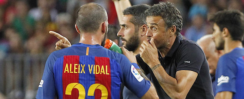 Ex-Barcelona full-back Aleix Vidal with Luis Enrique
