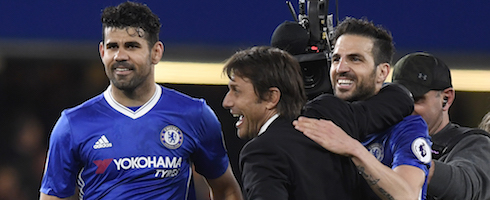 Ex-Chelsea boss Antonio Conte celebrating with Cesc Fabregas and Diego Costa