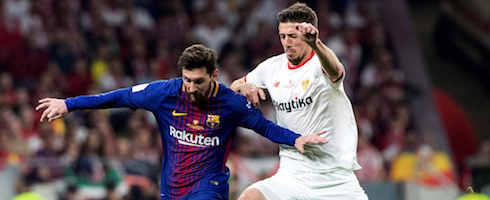 Barcelona's Lionel Messi against Clement Lenglet, once of Sevilla