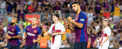 Barcelona's Luis Suarez celebrating
