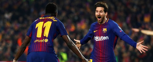 Barcelona's Ousmane Dembele with Lionel Messi