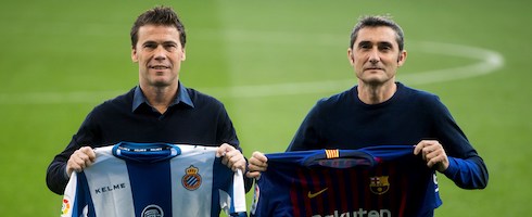 Espanyol boss Rubi alongside Barcelona's Ernesto Valverde