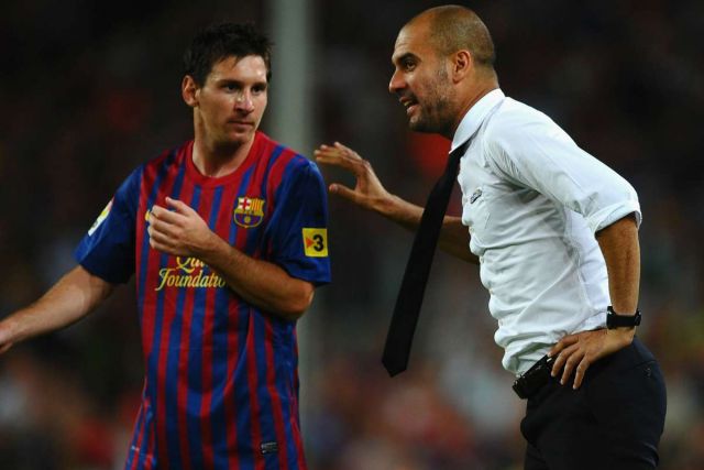 Former Barcelona boss Pep Guardiola and Lionel Messi