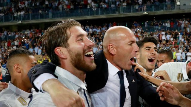 Real Madrid manager Zinedine Zidane with club captain Sergio Ramos