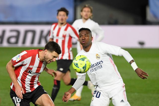 Real Madrid striker Vinicius Junior in La Liga action against Athletic Club 