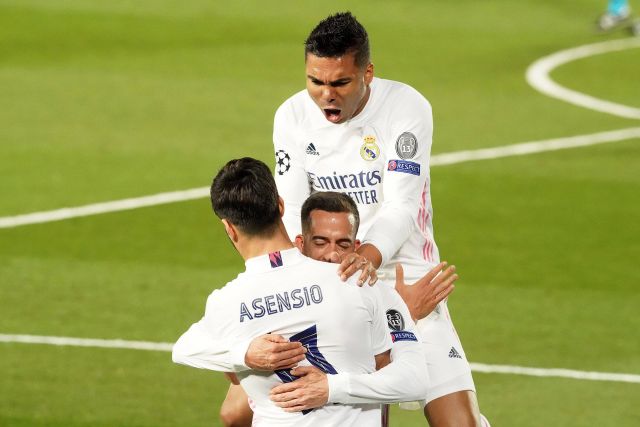 Real Madrid s Marco Asensio, Lucas Vazquez and Carlos Henrique Casemiro celebrate goal during UEFA Champions League Quar