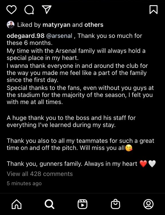 Martin Odegaard's Instagram post