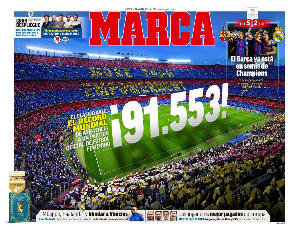 Today’s Papers: World-record crowd sees Barcelona Femeni beat Real Madrid Femenino at Camp Nou