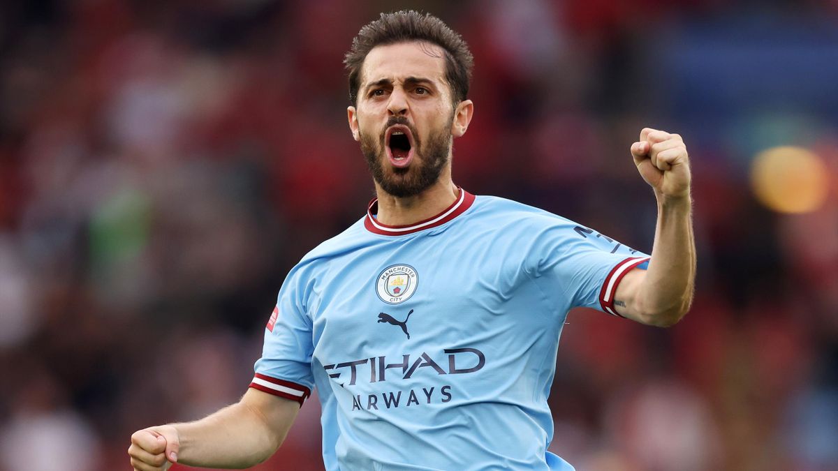  Bernardo Silva celebrates after scoring a goal against Real Madrid in the Champions League semi-final first leg at the Etihad Stadium in Manchester, England.