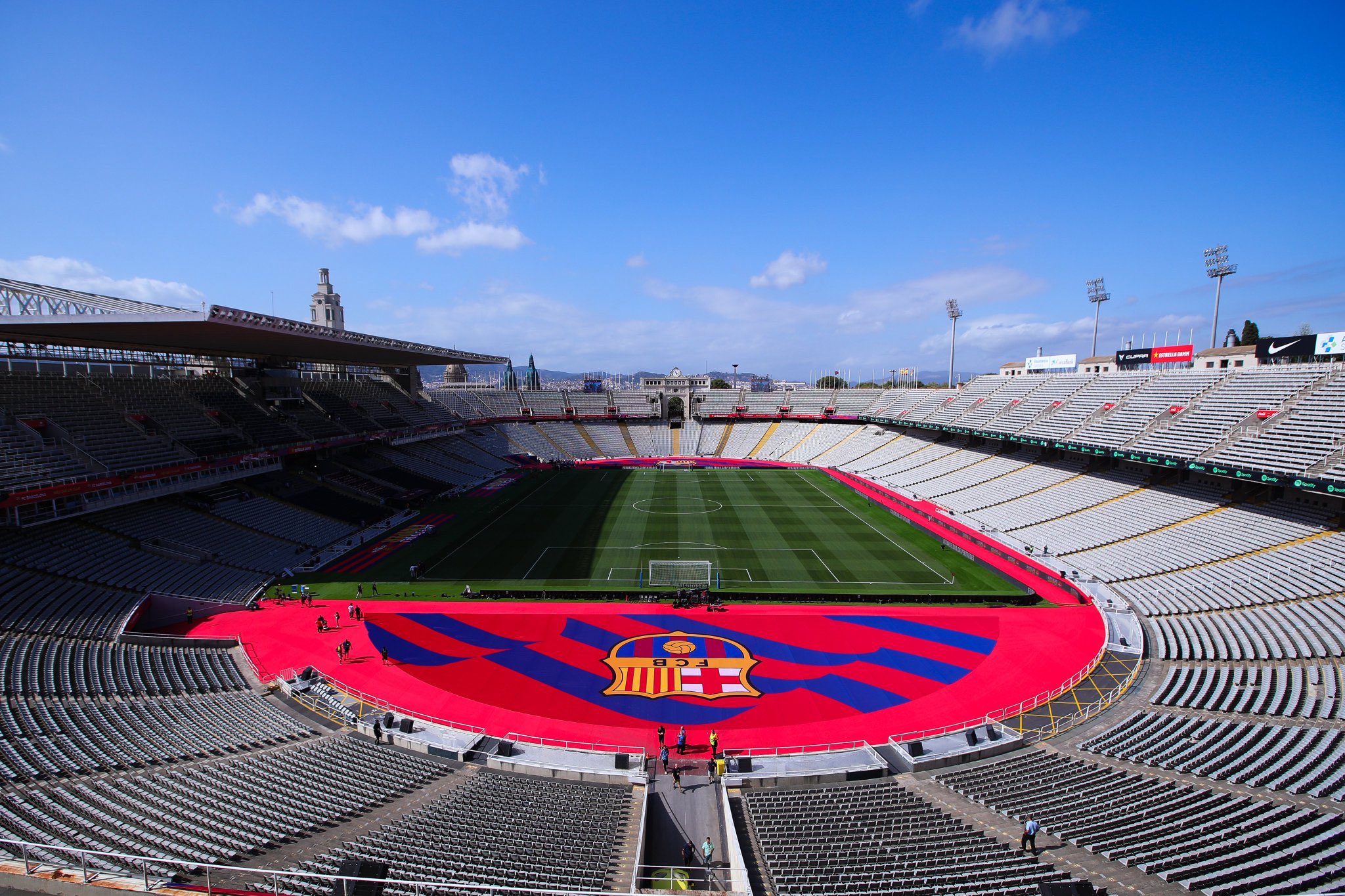 Estadi Olimpic Lluis Companys decorated in Barcelona colours for first