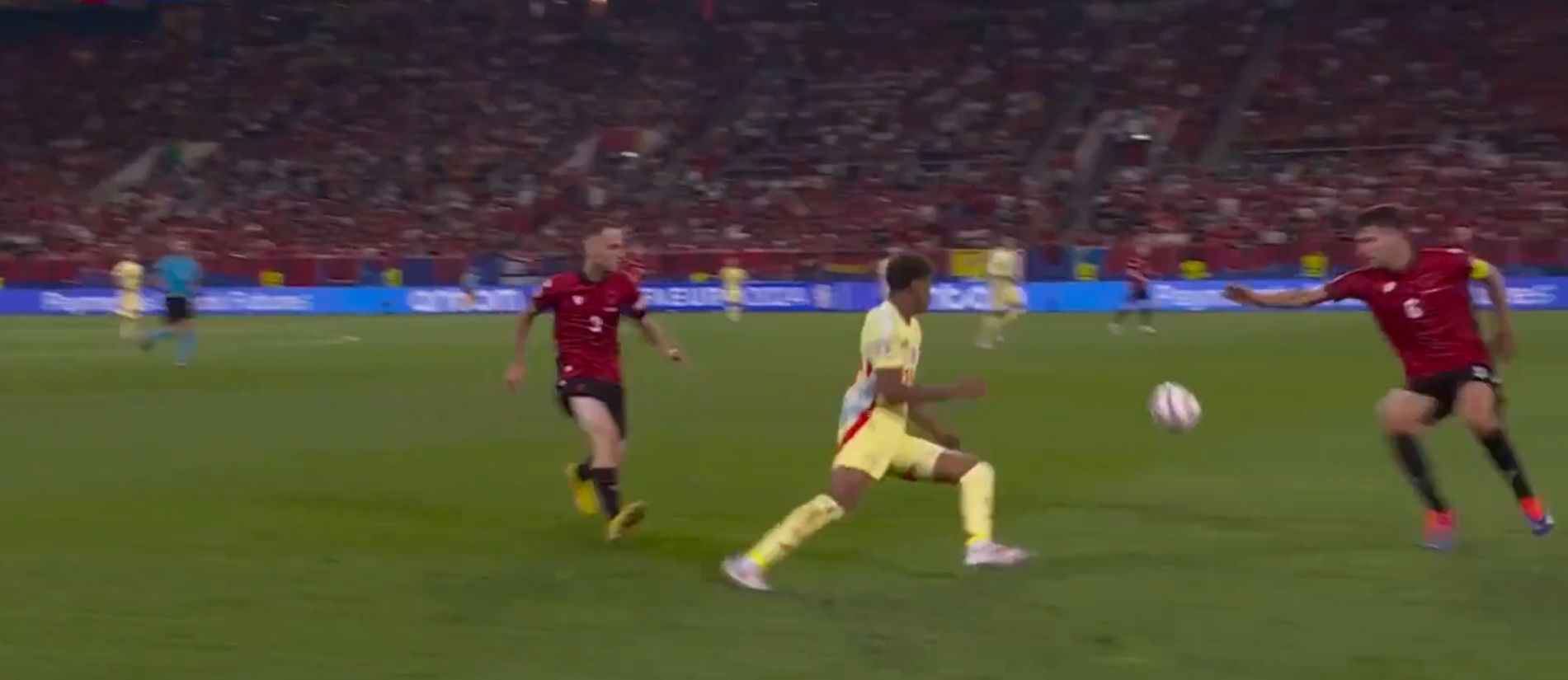 WATCH: Unhinged Lamine Yamal touch splits open Albania defence for Spain