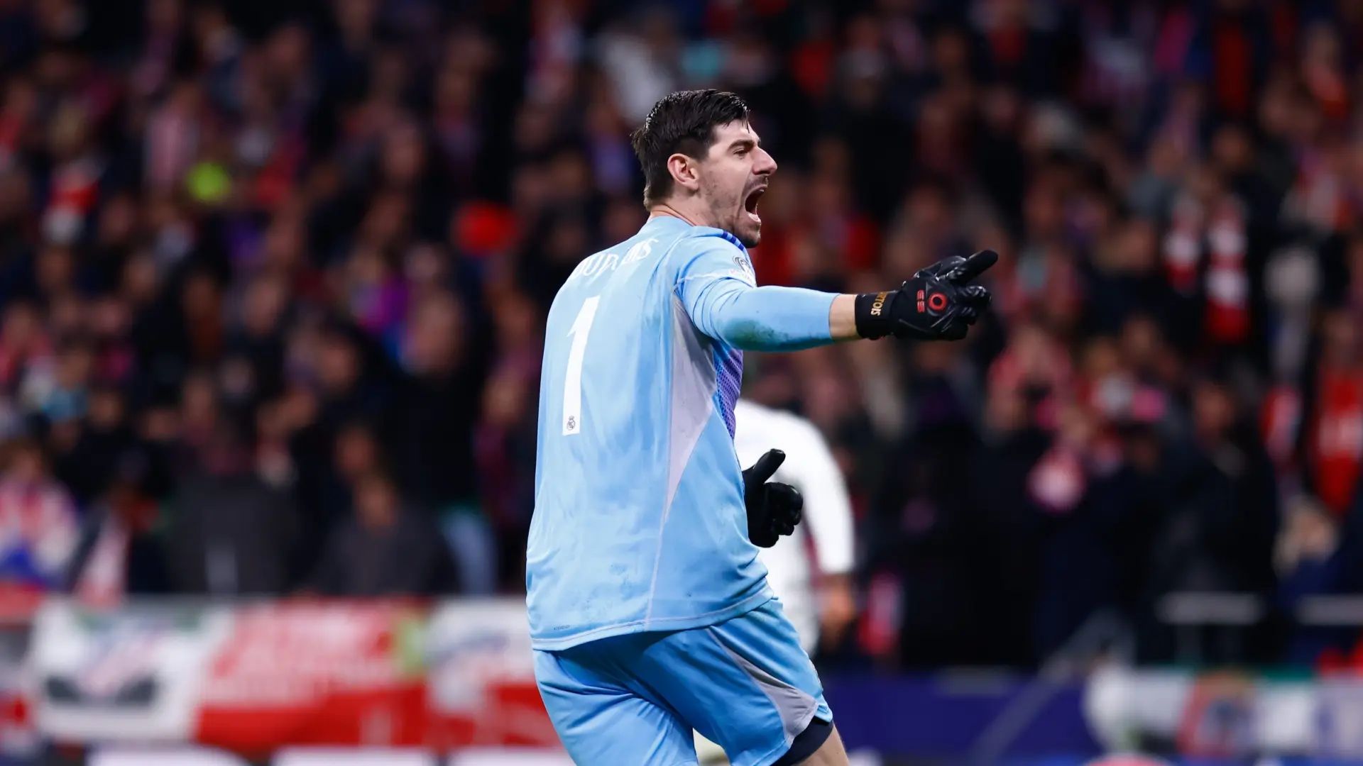 Courtois celebrates against Atletico Madrid.