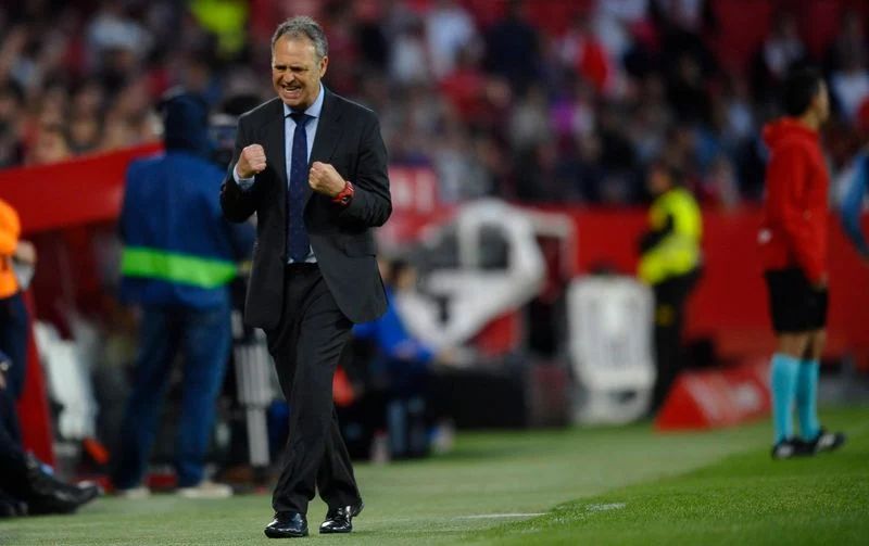Caparros celebrates at the Ramon Sanchez Pizjuan.