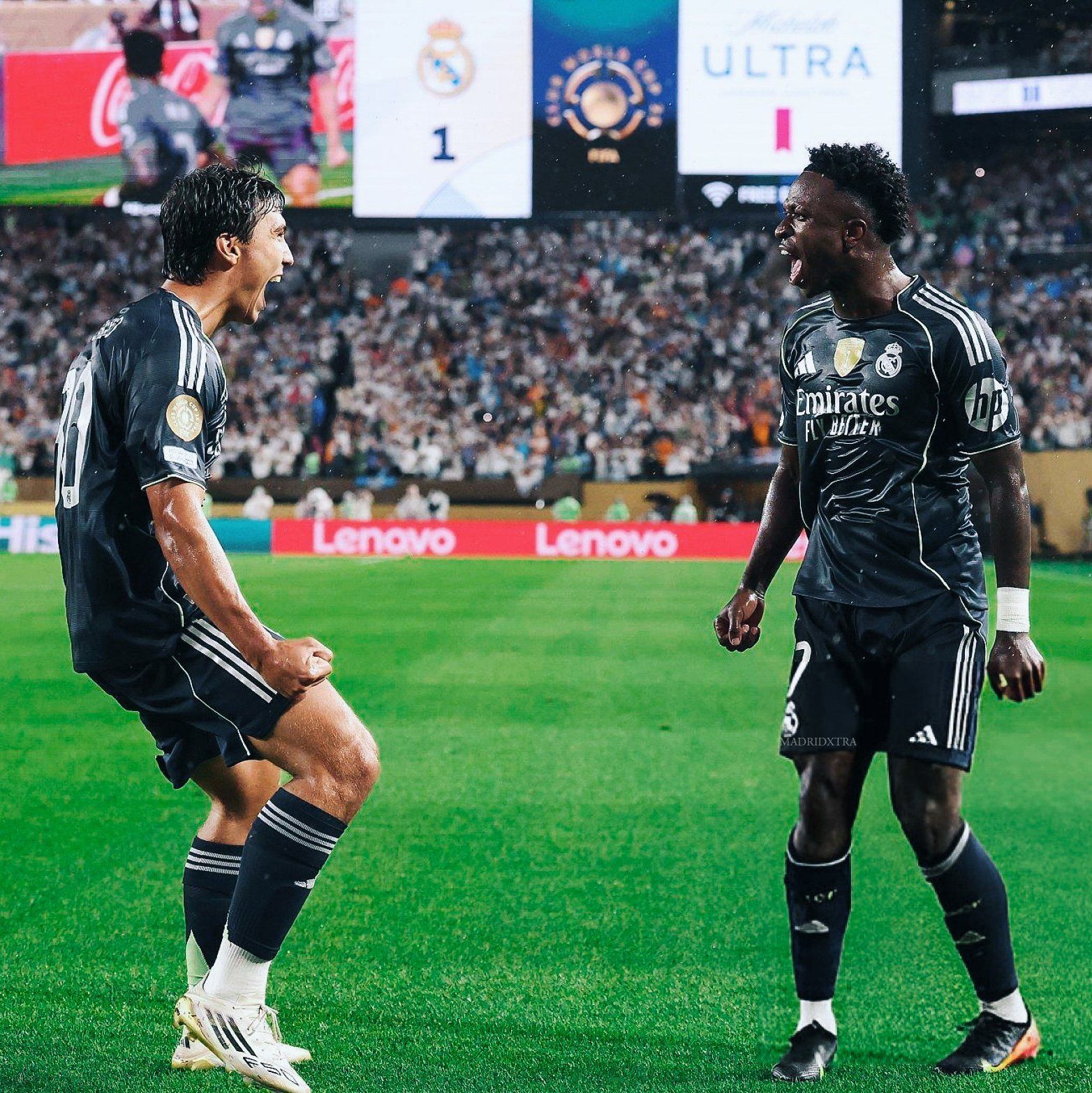 Vinicius celebrates with Gonzalo Garcia Torres