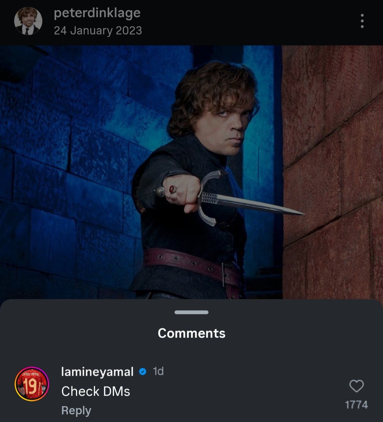 Lamine Yamal commented on Peter Dinklage's Instagram.