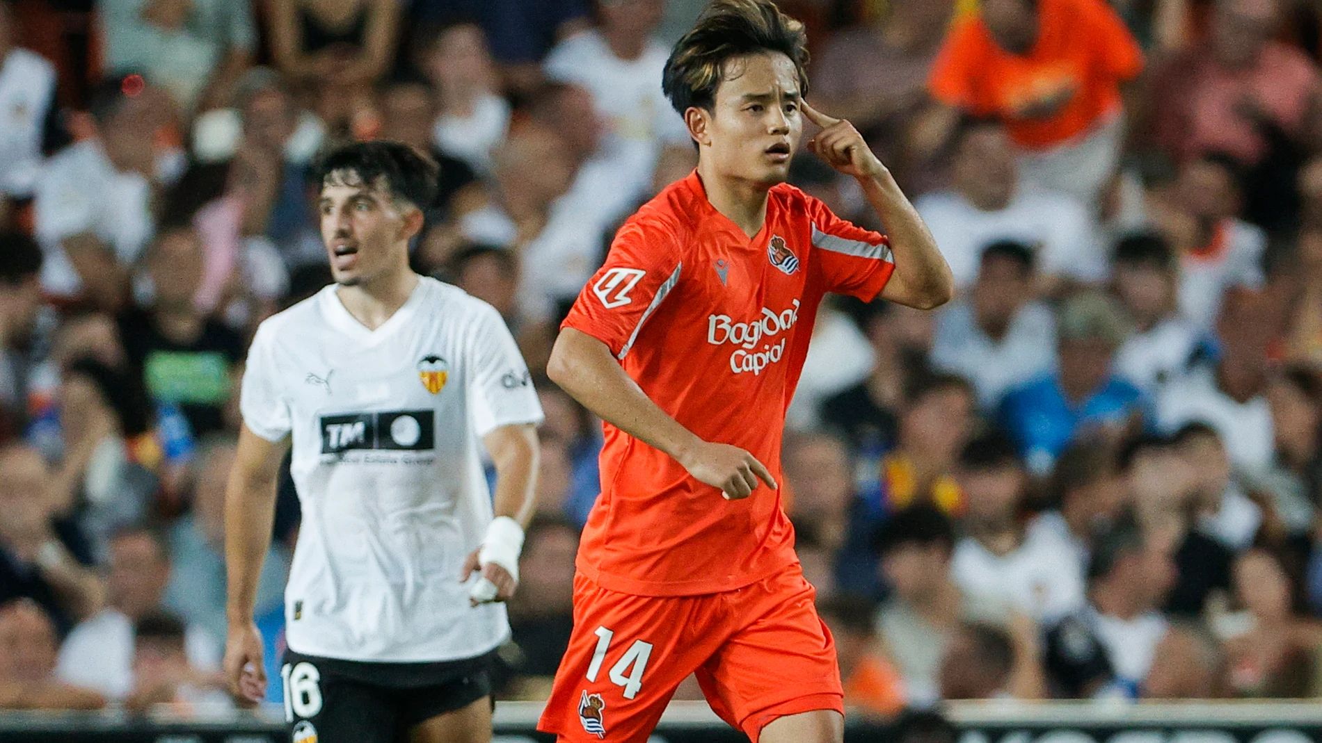 Kubo celebrates against Valencia.