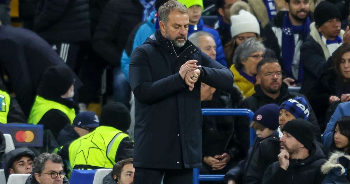 Flick checks the time during Chelsea 3-0 Barcelona.