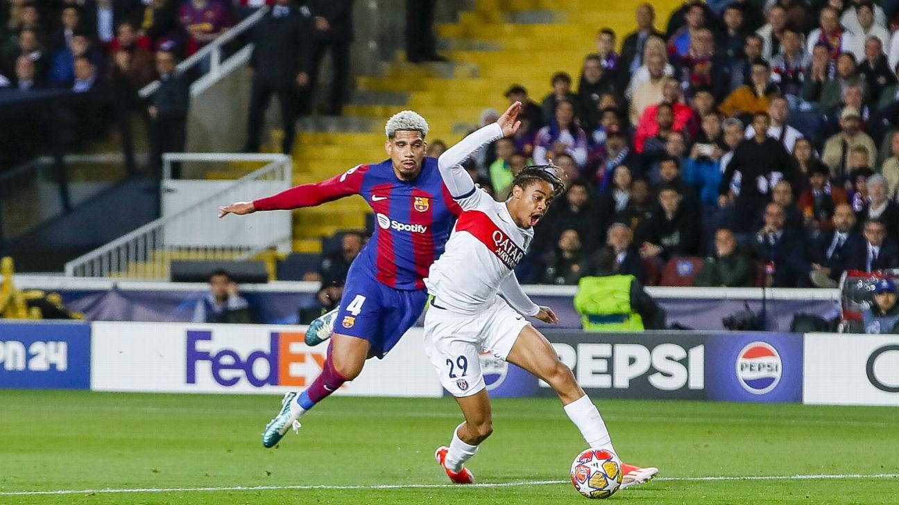 Araujo brings down Bradley Barcola.